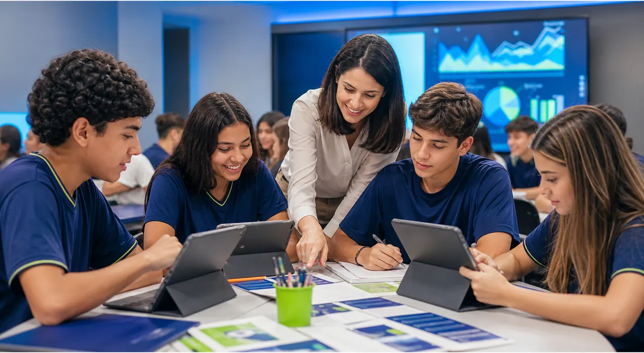 Estudantes aprendendo educação financeira com recursos digitais