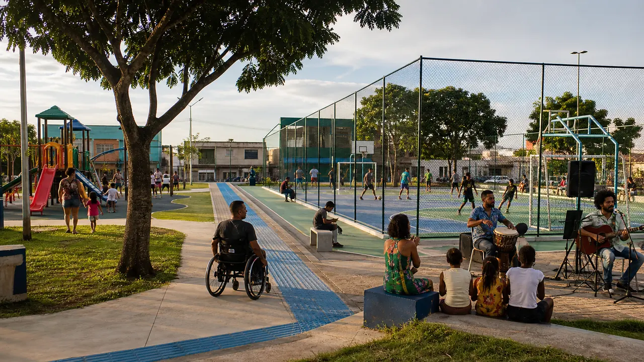 Espaço público revitalizado com esporte, lazer e convivência