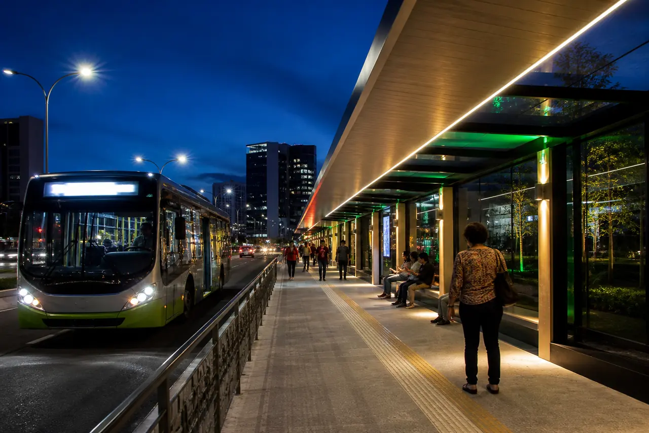 Parada de ônibus moderna e iluminada durante a noite